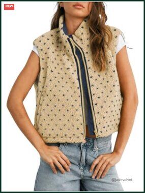 Sleeveless Sherpa Fleece Vest Polka Dot Full Zip Stand Collar Pockets